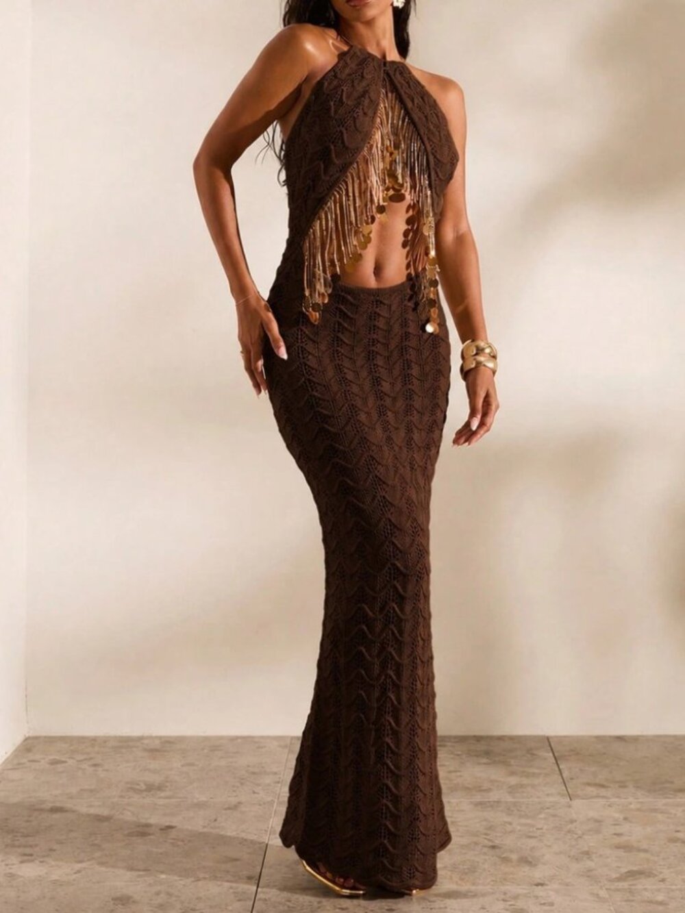 Brown Crochet Knit Halter Maxi Dress with Gold Fringe Detail